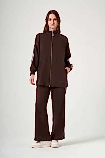 NUSS ŞERİT DETAY CEKETLİ TAKIM KAHVE